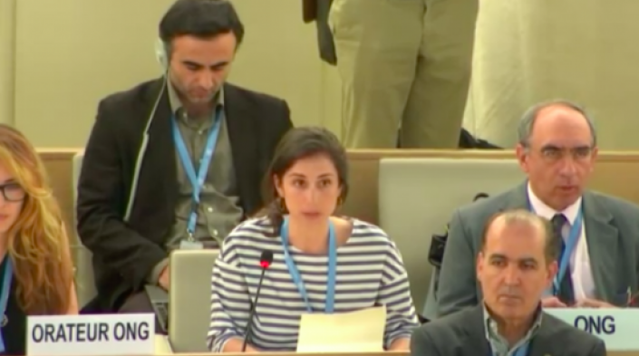 APC's Deborah Brown delivering an oral statement at the 38th session of the UN Human Rights Council, June 2018. Image source: HRC.