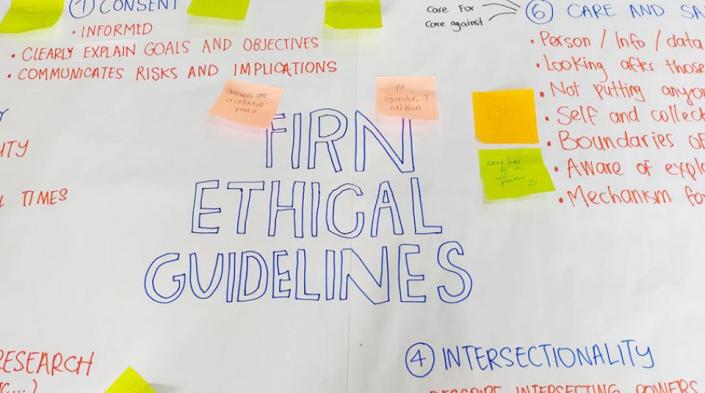 Image description: Flip chart with post-its illustrating the ethical practices. Image source: Documentation by APC-WRP of the inception meeting of the feminist internet research network in February-March 2019 in Malaysia.