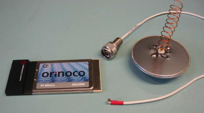 Image: An early wireless card and home-made antenna made by Mike Jensen.